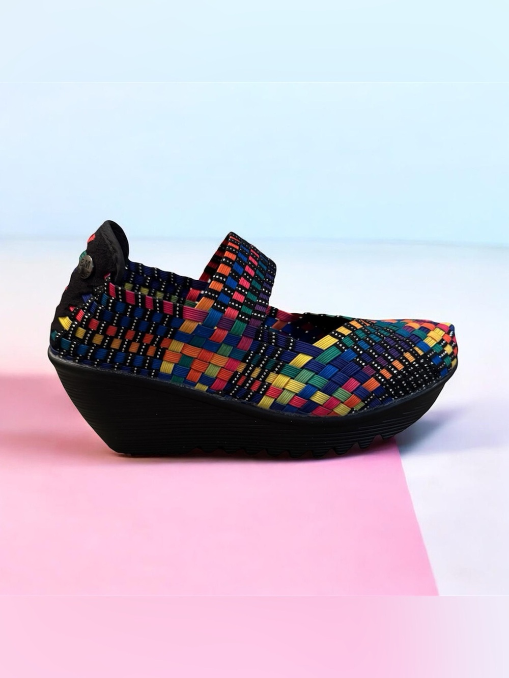 Bernie Mev Lulia Womens Wedge Mary Jane Black Multi Woven Elastic Shoes US 7